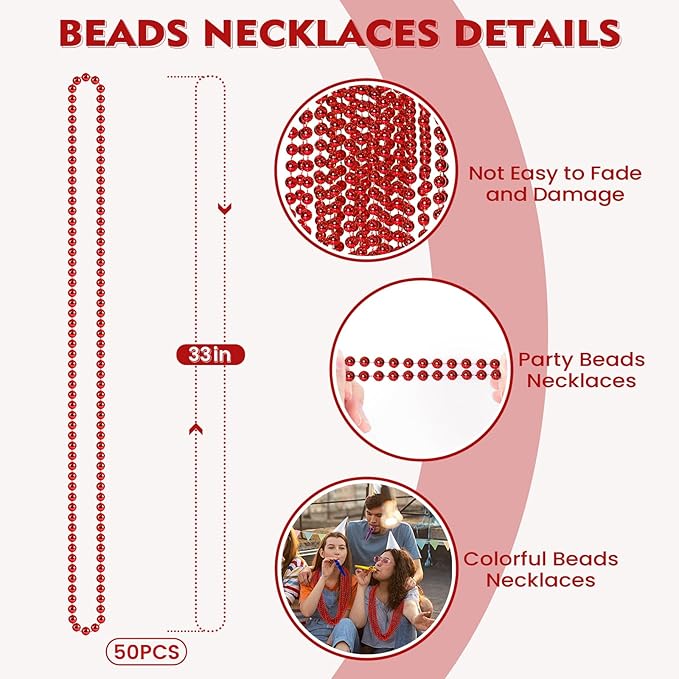 50 PCS Red Mardi Gras Beads, Red Beads Necklaces Christmas Necklace 33" Metallic Beaded Costume Necklace Party Necklaces for Valentines Christmas Parade Throws Wedding Birthday Party Favors