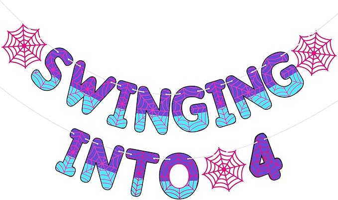 TaoBary Spider Theme 4th Birthday Banner, Pre-strung Swinging into 4 Banner, Spider 4th Birthday Decorations Party Supplies for Kids, Fourth Decor for 4 Year Old Boys Girls(Pink and Purple)