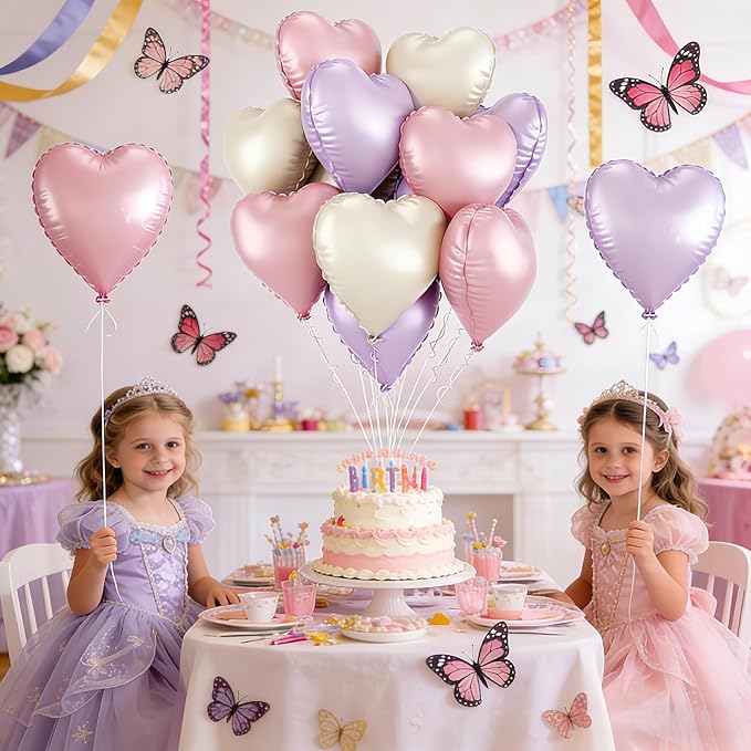 Pink Purple Heart Balloons, 12 Pcs Light Pink Lavender Cream Heart Shape Foil Balloon, 18 Inch Pastel Lila Beige Helium Balloon for Baby Shower Girl Women Birthday Wedding Bridal Valentine Party Decor