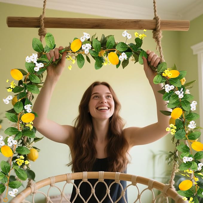 4 Pcs Artificial Lemon Flower Garland Vine, 28 Ft Fake Yellow Lemon Vines Silk Flowers Hanging Floral Garlands Decoration for Room Wall, Flower Themed Party, Wedding Supplies