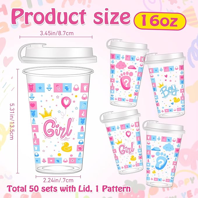 50 Pcs Gender Reveal Plastic Cups – Team Boy & Team Girl Disposable Thick Clear Plastic Drinking Cups with Lids, Gender Reveal Decorations for Baby Party, Pink and Blue Baby Shower Party Favors