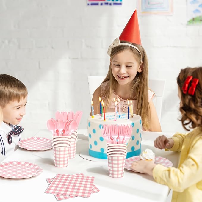 168PCS Party Plates, Pink Scalloped Gingham Paper Plates and Cups and Napkins Sets Party Supplies for Birthday Wedding Bridal Shower Baby Shower Picnic, Serve for 24 Guests, Pink