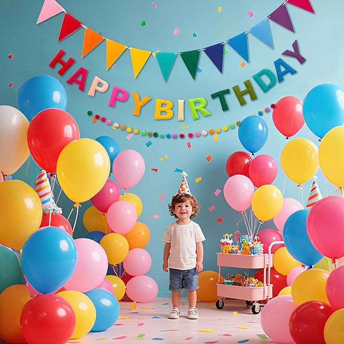 Pre-Strung Felt Happy Birthday Banner with Balloons Kits, Colorful Rainbow Decorations Reusable 3D Happy Birthday Sign for Girls Kids Women, Wrinkle-Free Banner Party Deco for Wall Party Supplies