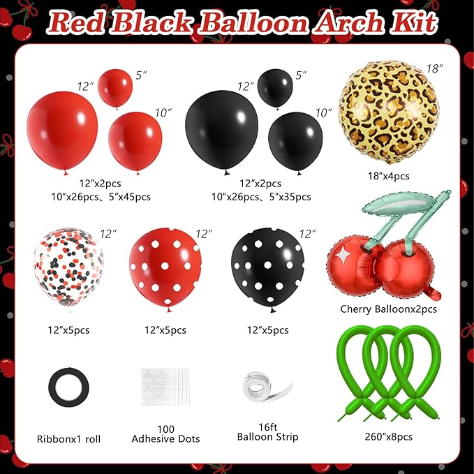 JOGAMS 172Pcs Betty Party Decorations,Cheetah Print Red Black Party Decorations with Confetti Polk Dot Cherry Cheetah Print Green 260 Balloons for Bachelorette Birthday Baby Shower Vintage Retro Party