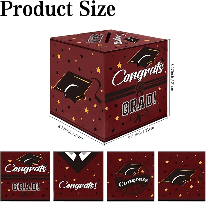 Graduation Card Box, Graduation Party Decorations 2025, Maroon Graduation Box, Graduation Card Holder, Foldable Cardboard Congrats Grad Card Gift Box for Graduation Party Supplies Party Favors