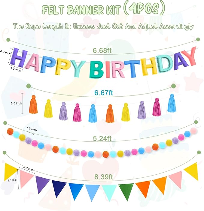 4PCS Pre-Strung Happy Birthday Banner - Felt Happy Birthday Garland, Ball Garland, Felt Pennant Flag, Pastel Thread Tassel Reuasble Party Decorations for Girls Women Kids