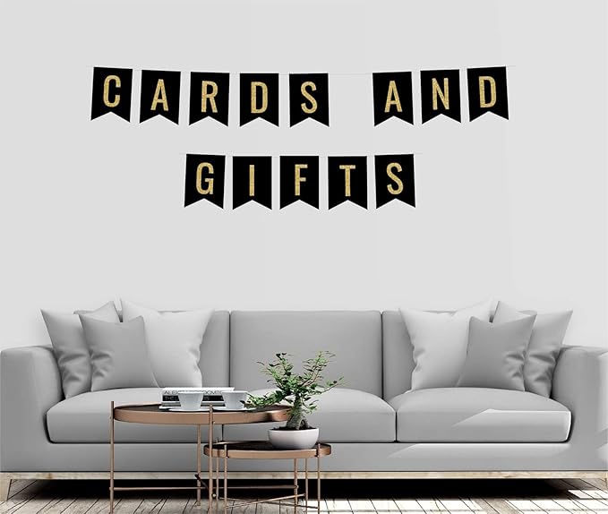 Andaz Press Faux Gold Glitter on Black Party Banner Decorations, Cards and Gifts, Approx 5-Feet, 1-Set, Birthday Wedding Baby Shower Colored Hanging Pennant Decor