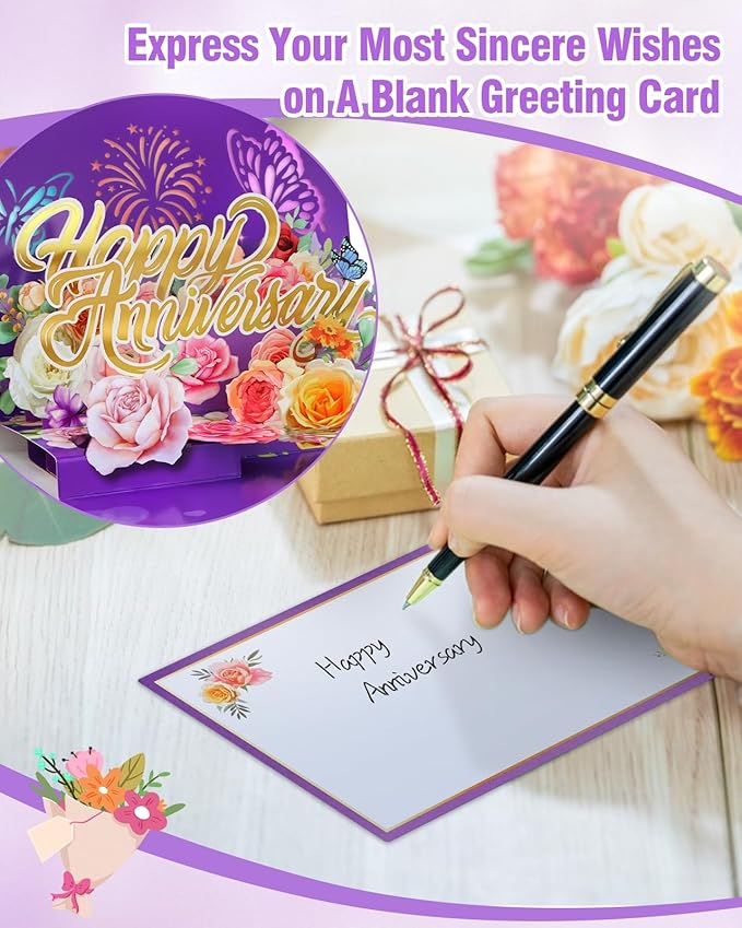 FaCraft Anniversary Card - 3D Pop Up Happy Anniversary Cards for Wife Husband, Music & Light Wedding Anniversary Card for Him Her, with Blank Insert Envelope and Seal (Roses Butterflies Theme)