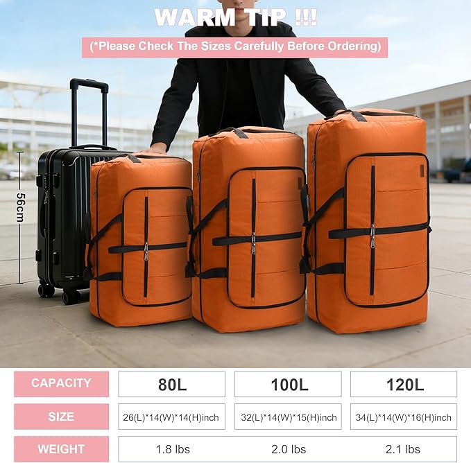 120L Foldable Waterproof Travel Duffel Bag for Men and Women with Shoe Compartment (Orange, EXTRA LARGE, 120L)