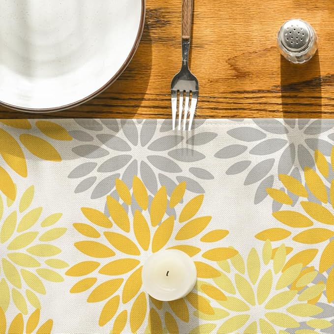 Artoid Mode Yellow Dahlia Floral Pinnata Summer Table Runner, Seasonal Spring Holiday Kitchen Dining Table Decoration for Home Party Decor 13x36 Inch