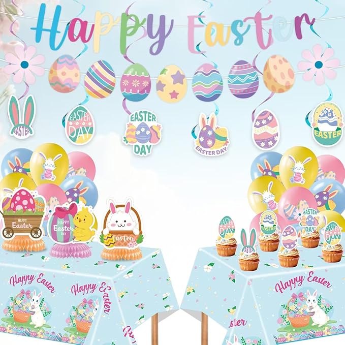 Easter Party Supplies Set, Easter Theme 331 Pieces with Plates, Napkins, Cups, Banner, Balloon, Tablecloth, Flag Swirls and Tableware for 40 Guest Pink and Blue Design for Party