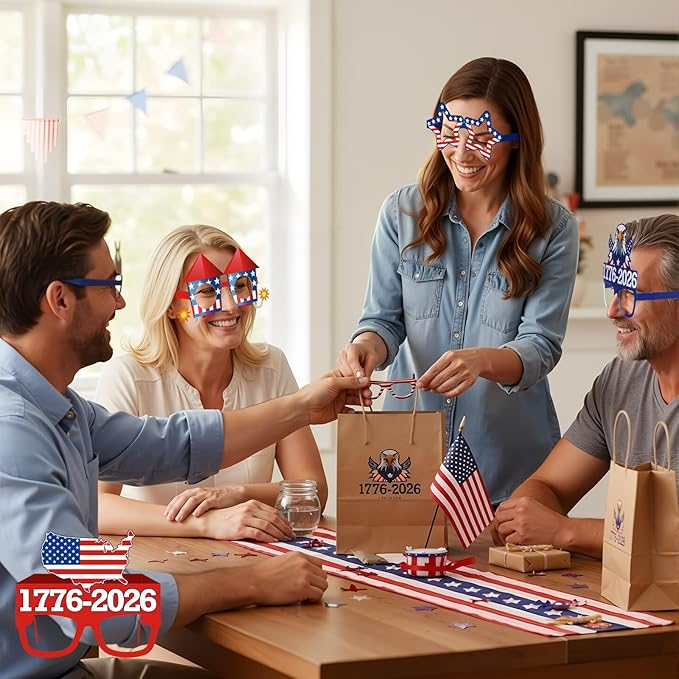 Pajean 32 Pcs 250th USA Patriotic Party Decorations Eyeglasses 250th Anniversary Themed Paper Glasses Supplies USA Patriotic Photo Booth Props Frame for Independence Day Memorial Decor Favors Supplies