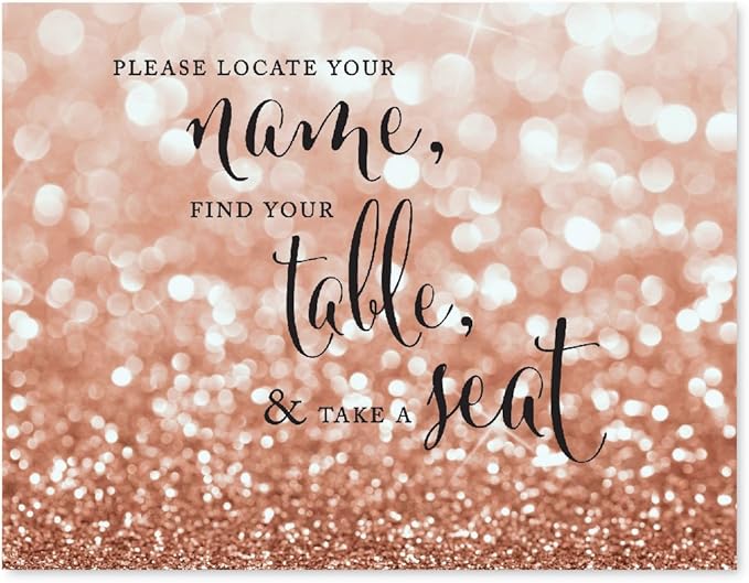Andaz Press Wedding Party Signs, Glitzy Rose Gold Glitter, 8.5x11-inch, Please Locate Your Name, Find Your Table, & Take a Seat, 1-Pack, Bokeh Colored Party Supplies
