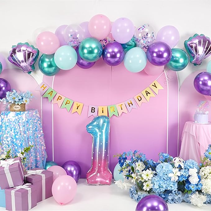 1st Mermaid Birthday Decorations for Girls,First Party Decorations Metallic Purple Green Pink Blue Latex Balloons Number 1 Seashell Foil Balloons Banner Cake Topper Sea Party Decor