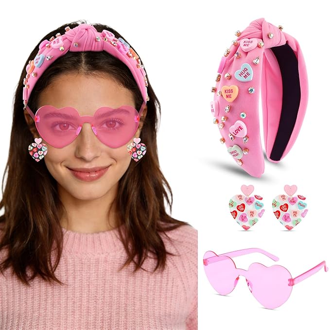 Valentines Day Headband for Women,4Pcs Pink Valentines Day Knotted Conversation Heart Headbands Earrings and Sunglasses Set for Women,Valentines Outfits Hair Accessories Gifts for Her