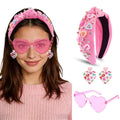 Valentines Day Headband for Women,4Pcs Pink Valentines Day Knotted Conversation Heart Headbands Earrings and Sunglasses Set for Women,Valentines Outfits Hair Accessories Gifts for Her