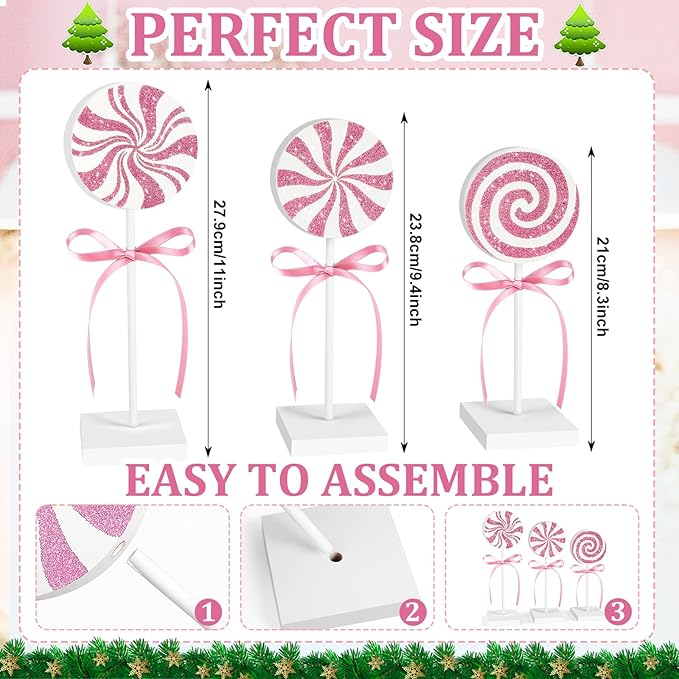3 Pieces Christmas Table Decorations Wood Candy Set, Pink Christmas Tiered Tray Decor,Rustic Candy Table Decorations for Home Tables (Pink)