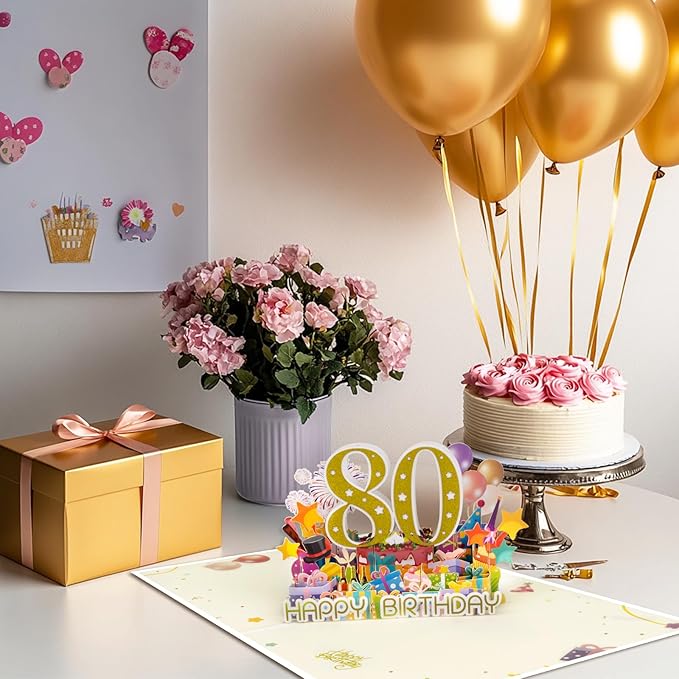 80 Years 0ld Firework Pop Up Happy Birthday Greeting Card, ideal love Gift for Adult and Kid with Blank Note & Envelope, Foldable Celebration for Daughter, Son, Mom, Dad, Friend, Children