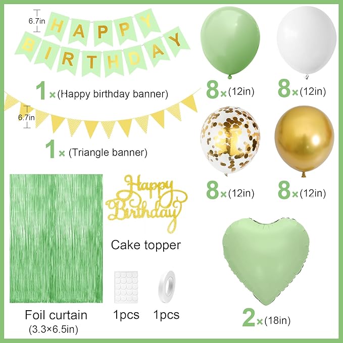 Sage Green Birthday Decorations - Party Decorations with Green, Gold, White Balloon Heart Foil Balloons, Olive Happy Birthday Banner Fringe Curtain for Women, Girls, Boys, Men, Adults