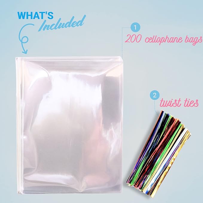 200 Pack Clear Cellophane Bags for Favors - Transparent Goodie Bags for Birthday Party, 3x4 Inch Clear Bags with 5-Inch Twist Ties - Candy, Treat, Cookie Bags for Gift Giving