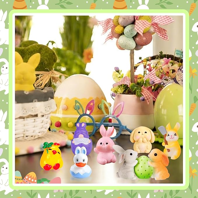 50 Pcs Easter Mini Resin Figurines Miniature Farm Animals Small Bunny Chick Tiny Little Gnome Figurine for Dollhouse Easter Village Egg Fillers Fairy Garden Decor Party Favors