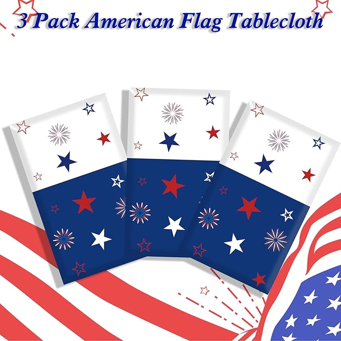 Patriotic Tablecloth Decorations for 4th of July Independence Day, American Flag Plastic Disposable Rectangle Memorial Day Table Cover for Patriotic Themed Party Supplies, 54 x 108 Inch,3 Pack
