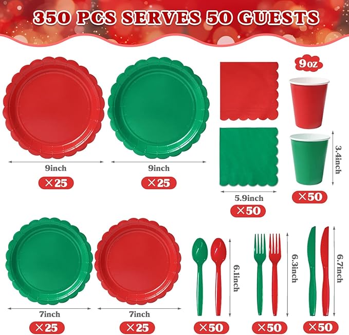 Vyntra 350 Pcs Red and Green Disposable Paper Plates and Napkins Set for 50, 9" Dinner Plates & 7" Dessert Plates, Tableware for Christmas Party, Holiday Dinner