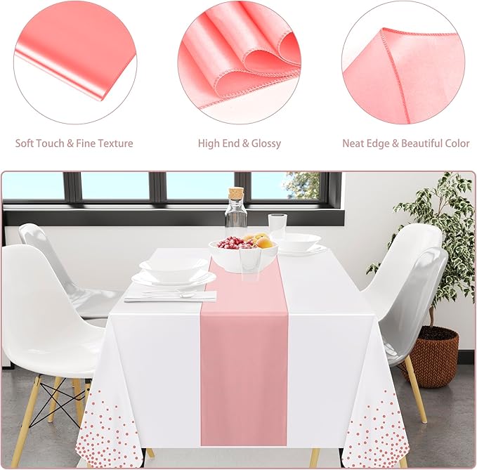 12 Pack Rose Gold Color Tablecloth Table Runner Set, Disposable Tablecloth, White & Rose Gold Dot Pink Satin Table Runner for Wedding Birthday Anniversary Party Decorations