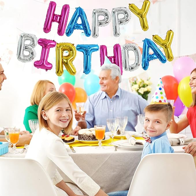 TONIFUL 16 Inch Mylar Letters Birthday Sign Banner Balloon,Happy Birthday Balloons Banner with Ribbon Straw Bunting Reusable for Adults & Girls Boys Kids Birthday Halloween Supplies（Rainbow）