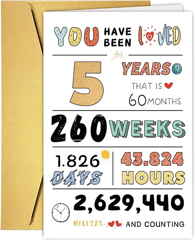 Cute 5th Birthday Card for Girls Boys, Ideal 5th Birthday Gift from Mom Dad, Five Years Old Birthday Card Gift For Son Daughter Children, Unique 5th Birthday Decorations for Grandson Granddaughter