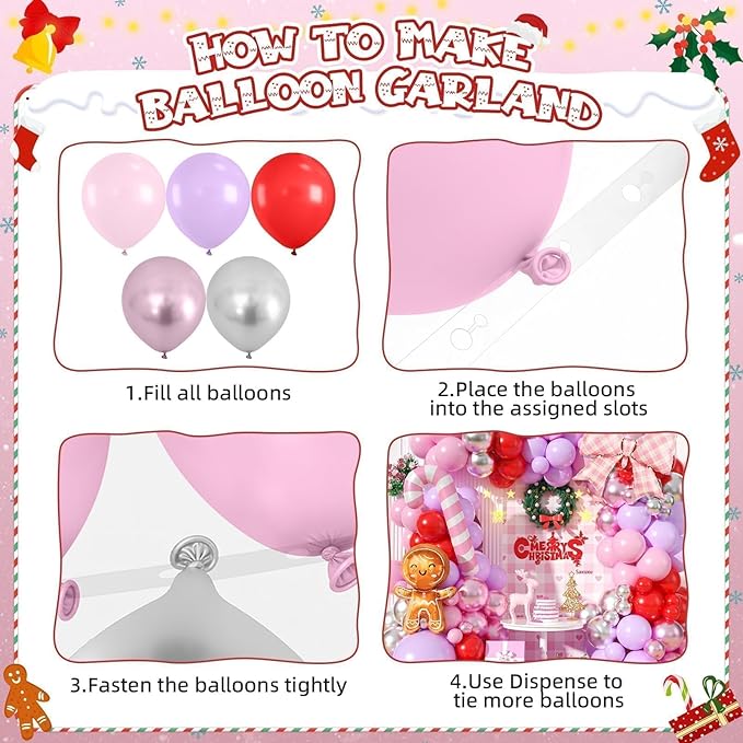 Christmas Balloon Arch Kit, Red Pink Purple Metallic Silver Balloons with Gingerbread-Style Foil,Bow Foil,Pink Candy Cane Balloons for Girl Birthday Party Decorations Baby Shower Backdrop