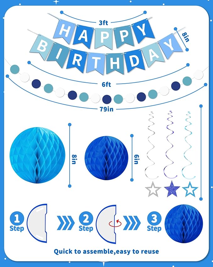 Blue Happy Birthday Decorations, Happy Birthday Banner with Honeycomb Balls, Stars Hanging Swirl Streamers, Dots Garland, Party Decorations for Men Boys Women Girls