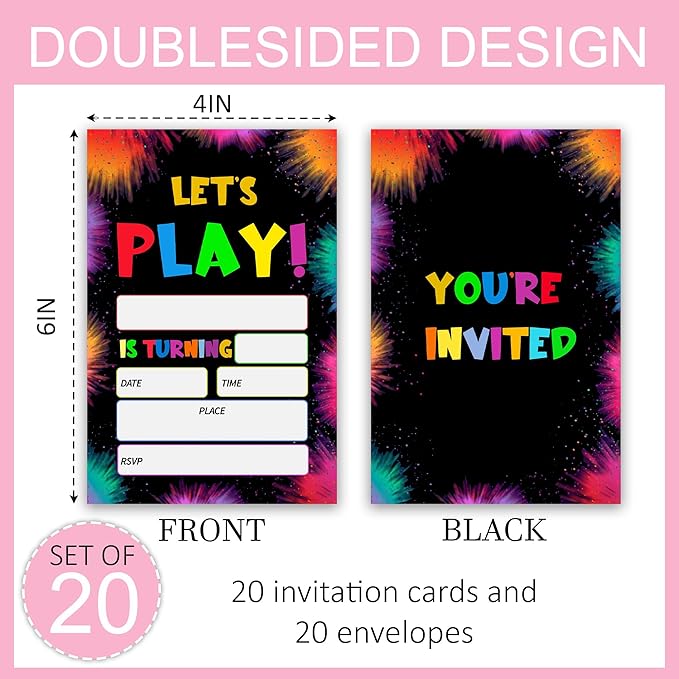 Let's Play Birthday Invitations, Colorful Splatter Design Party Invites for Boys Girls Teen Celebration, 20 Count Double Sided Cards with Envelopes, 4 x 6 Inch