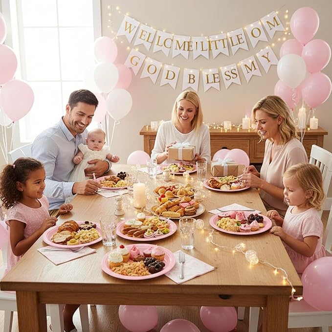 Pink Plastic Plates for Party,Disposable Tableware Kit for Birthday Wedding Baby Shower,50Set