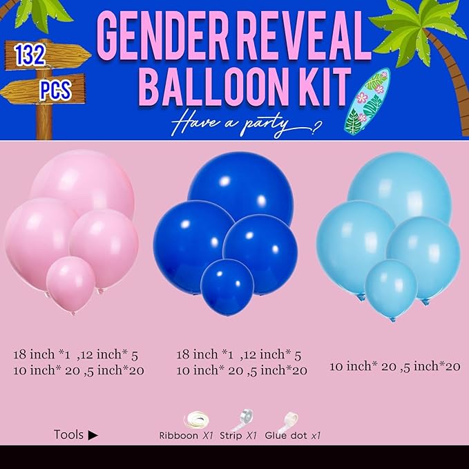 Pastel Blue and Pink Balloon Garland Arch Kit 132Pcs royal blue and baby pink Balloons for Summer Hawaii gender reveal Baby shower Hawaii cartoon halloween trunk or treat birthday party decorations