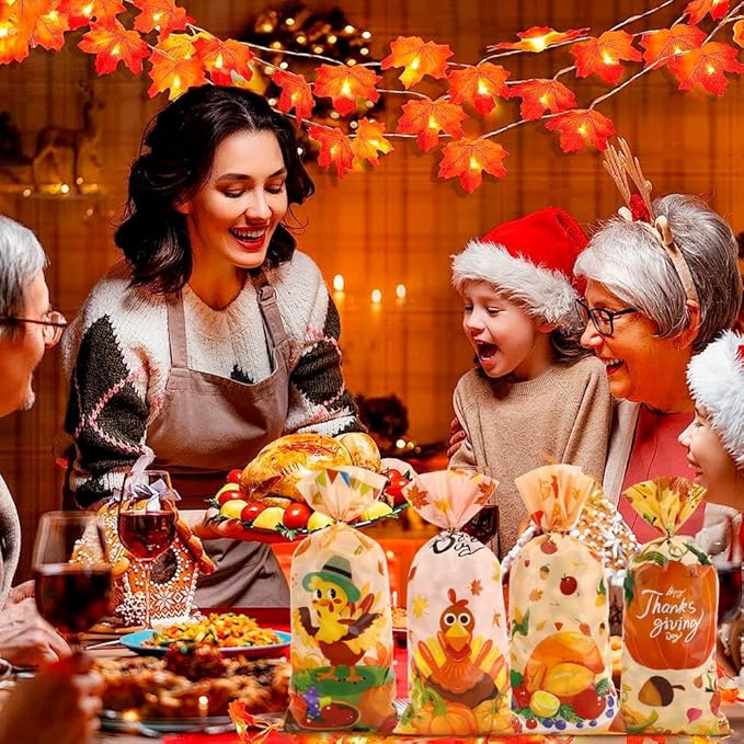 100 PCS Fall Treat Bags(5x11 Inch) with Ties Thankgiving Turkey Goodie Candy Gifts Bags Bulk Autumn Pouches for Thanksgiving Home Party Favors Supplies Decorations Friendsgiving Cellophane Bag