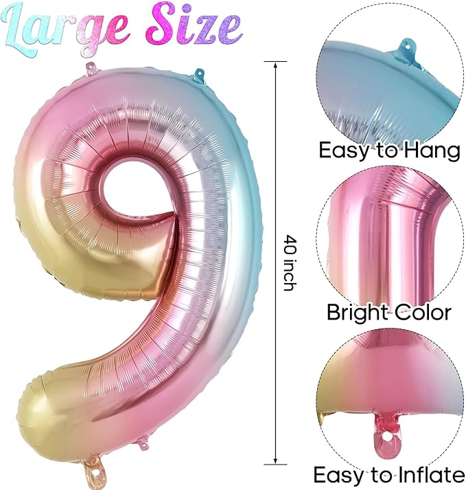 Rainbow Gradient Number 9 Balloon, 40 Inch Big Large Foil Number Balloons, Jumbo Mylar Number 9 Balloons for 9 Year Old Birthday Party Decorations Supplies Anniversary Celebration