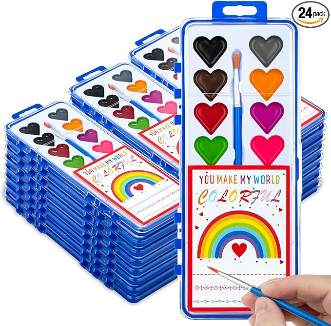 Valentines Day Gifts for Kids, 24 Pack Watercolor Paint Set with Paintbrush for Kids, Prizes Exchange Gifts Valentines Party Favors for Preschool Classroom School