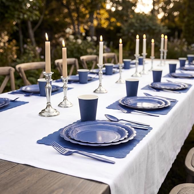 350 Pcs Navy Blue Plates and Napkins, 50 Guest Graduation Party Supplies Include Scalloped Paper Plates Napkins Cups Plastic Spoons Forks Knives Disposable Tableware Set for School Graduate