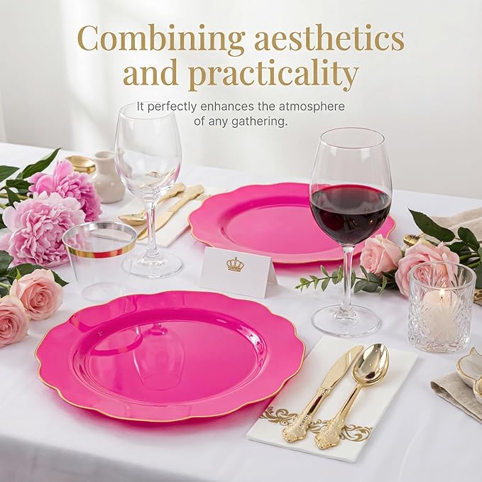 NOCCUR 175PCS Hot Pink Plastic Plates with Gold Disposable Silverware - Include 50 Hot Pink Plates,25 Knives,25 Forks,25 Spoons,25 Cups and 25 Napkins - Ideal for Party/Easter Day