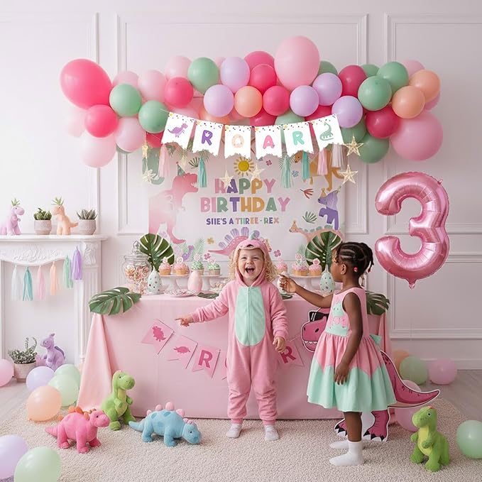 Dinosaur Balloon Garland Arch Kit Pastel Pink green and purple with Number 3 mylar balloon & Banner & backdrop for Girl Dino Baby Shower Dinosaur 3rd Birthday Three Dino Rex Party decorations