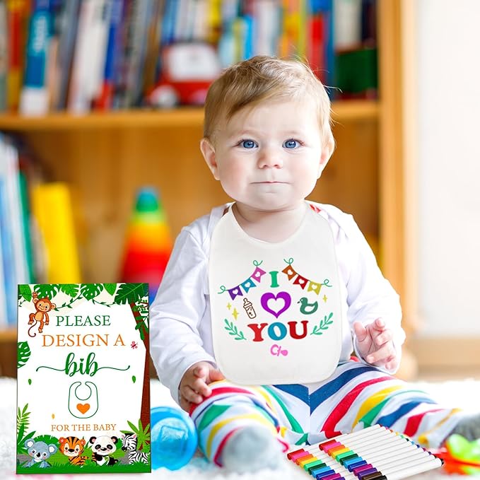 50 Pcs Baby Shower Game White Bib Kit Include 1 Wooden Baby Shower Game Sign 25 DIY Blank White Bibs 24 Colorful Markers(Animal)