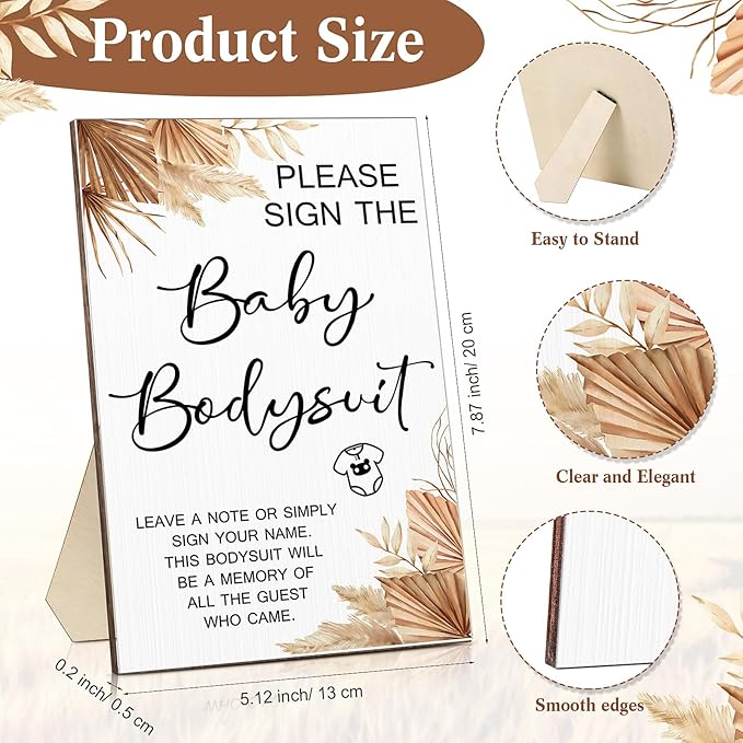 Qunclay 12 Pcs Baby Shower Game Decor with White Unisex Bodysuit Wooden Sign Tabletop Decor and Marker for Guests(Boho)