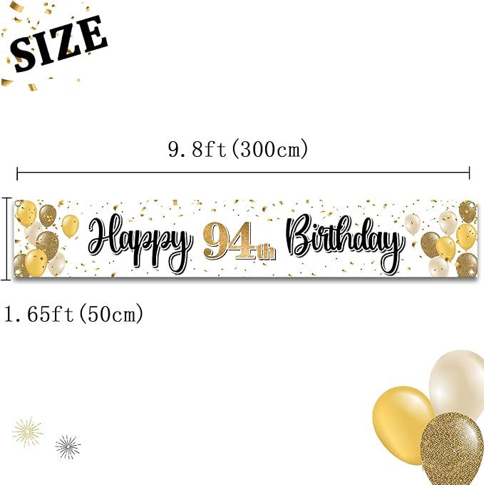 Happy 94th Birthday Decorations,94th Gold Balloon Large Birthday Hanging Banner Sign - Cheers to 94 Years Old Bday Party Supplies.