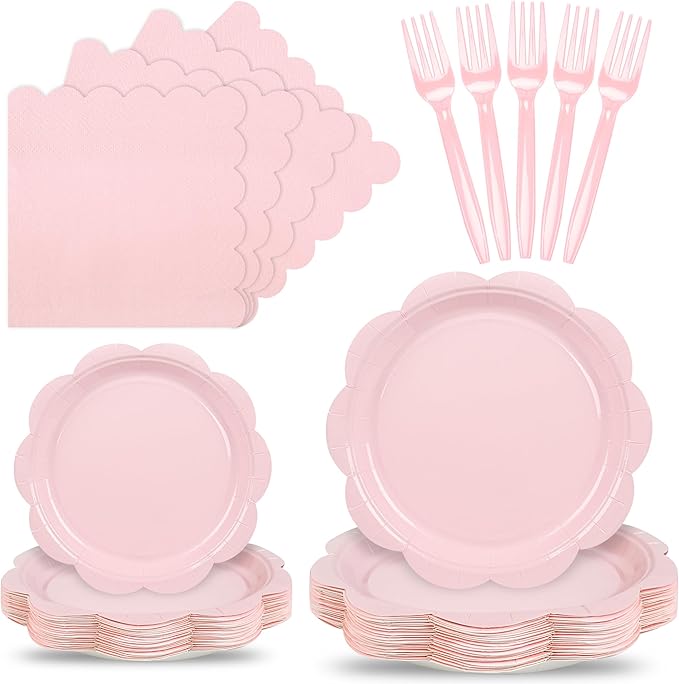 96 Pcs Pink Paper Plates and Napkins Set Party Supplies, Tableware set for 24 Guest include Disposable Pink Scalloped Plates, Napkins and Forks for Baby Shower Bridal Shower Wedding Mother Day