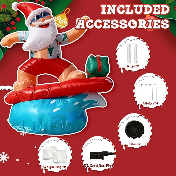 JOYHALO 6FT Surfing Santa Inflatable with Lights, Tropical Style Christmas Inflatables for Hawaiian Christmas Decorations,Christmas Blow Up for Yard Garden Lawn Holiday Party Decor