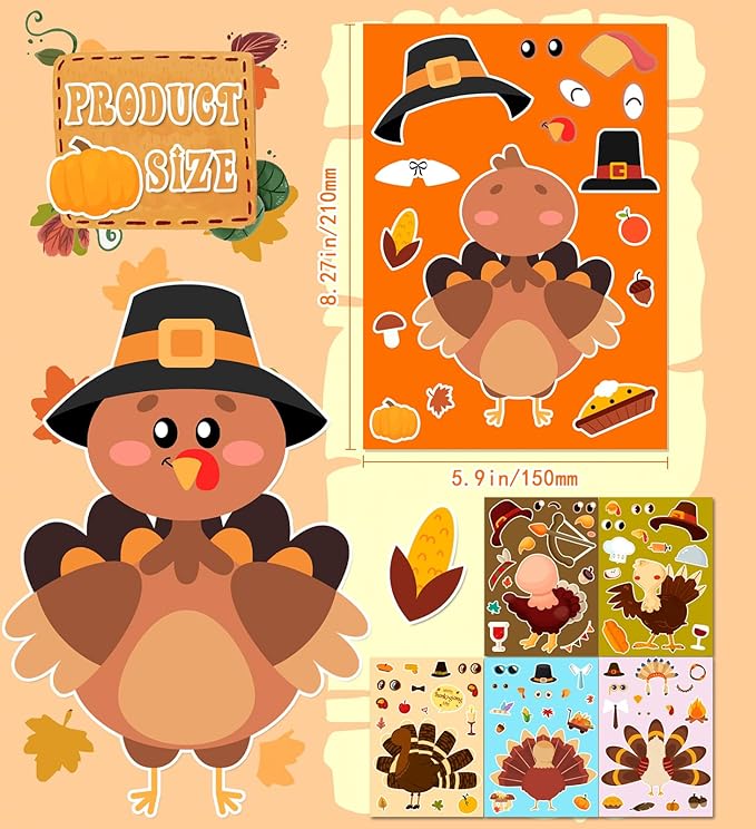 Thanksgiving Stickers for Kids, DIY Crafts Stickers for Kids, Make a Turkey Face Sticker, Thanksgiving Games Activities Decorations Party Supplies(24 Sheets)