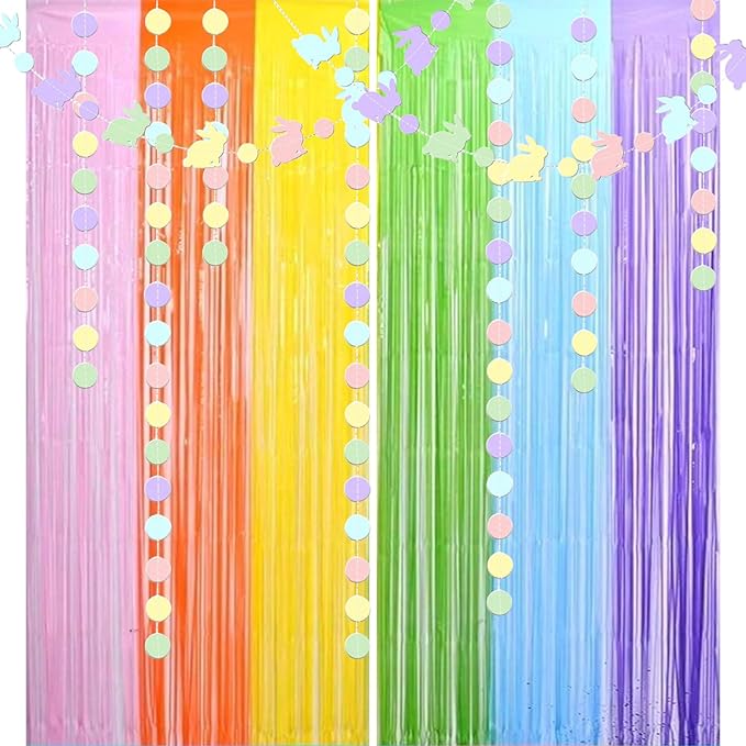 Easter Decorations Foil Fringe Curtains Photo Booth Prop Hanging Garland Easter Bunny Banner Rabbit Garland Rainbow Foil Fringe Curtains for Birthday Wedding Engagement Bridal Shower