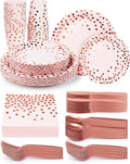 224 Pieces Party Supplies, Pink and Rose Gold Dots Party Plates Cups and Napkins Sets with Plastic Knives forks spoons, Disposable Tableware Serves 32 Sets for Wedding, Birthday, Graduation, Festivals