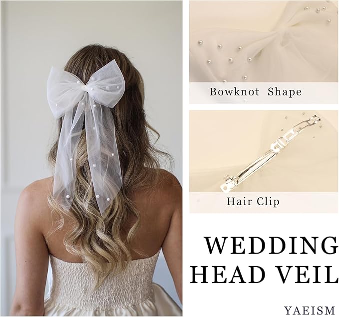 Bridal Veil Bachelorette Party Veil White Bow Wedding Veil Elegant Tulle Layer Hair Clip for Women and Girls